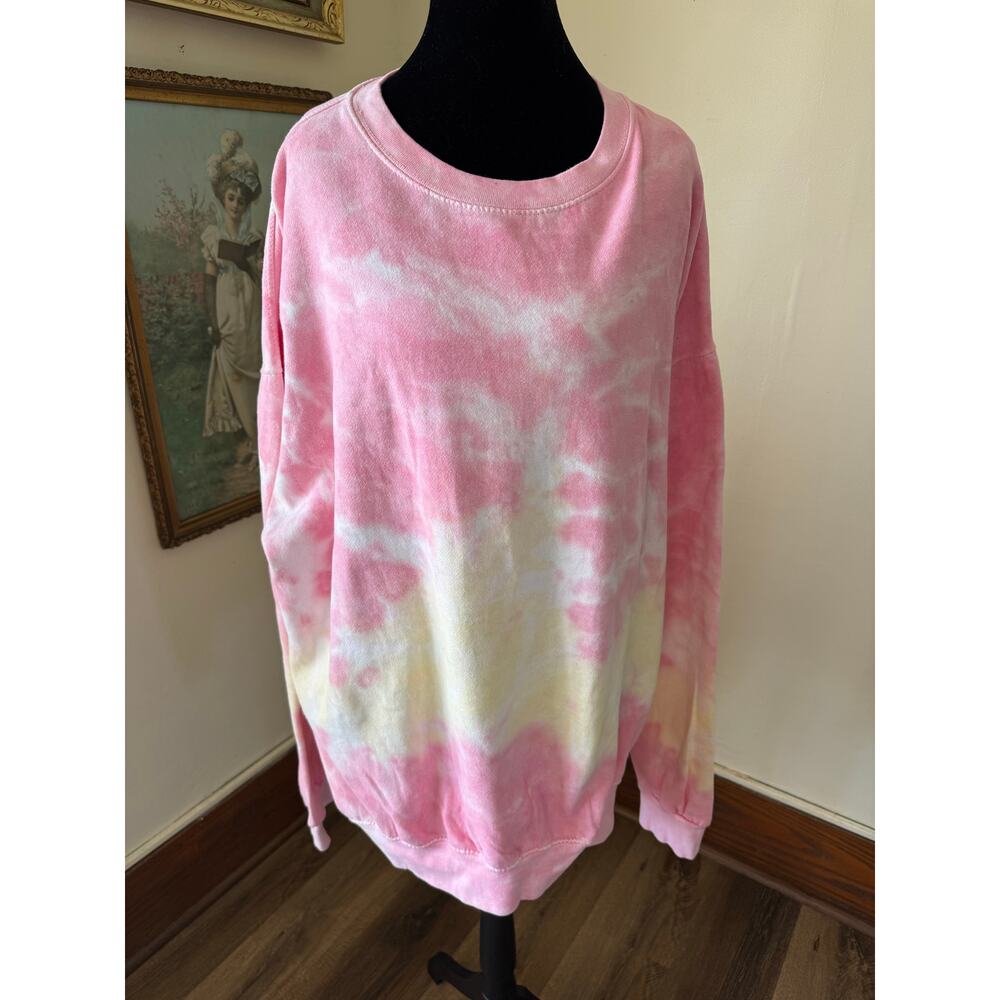 Pink Yellow Tie Dye Oversized Sweatshirt 2XL Crewneck Lounge Pullover